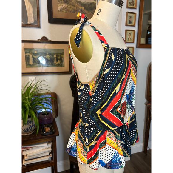 FARM Rio x Anthropologie Carmen peplum tank top blouse parrot print tie shoulder - Picture 4 of 10